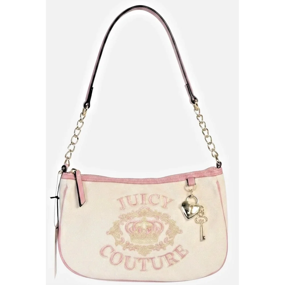 Juicy Couture Velour Shoulder Bag Pink Cream Crown Embroidered Charm NWT Y2K